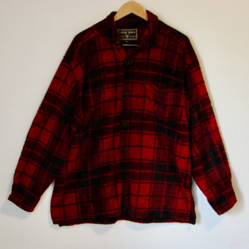 True Grit Buffalo Plaid Sherpa Shirt Jacket Shacket Black Red Plaid Large